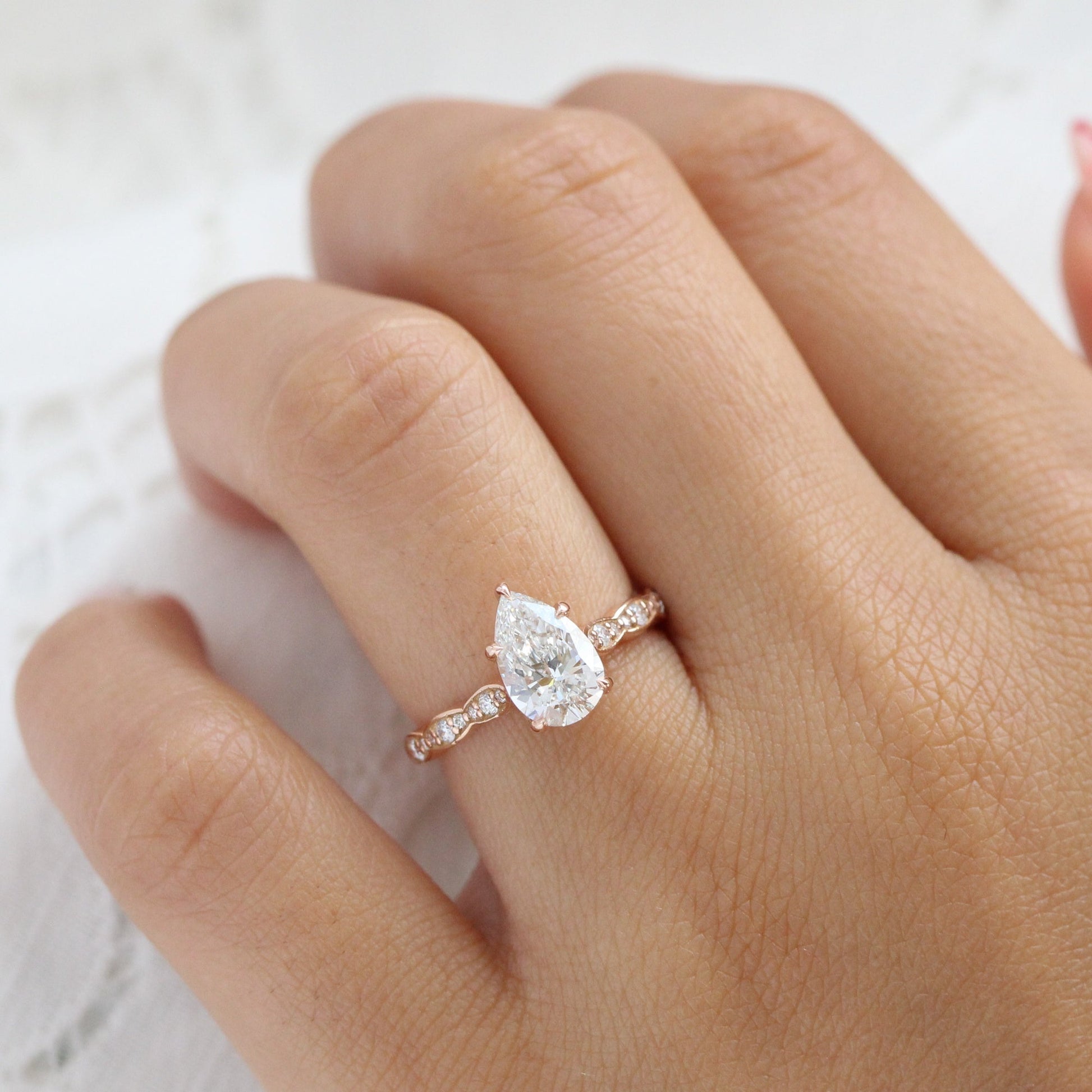1.70 Ct. Pear Cut Lab Diamond Ring in 14k Rose Gold Solitaire Band, Size 6.25
