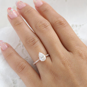 1.72 Ct. Pear Cut Lab Diamond Ring in 14k Rose Gold Pave Band, Size 6.25