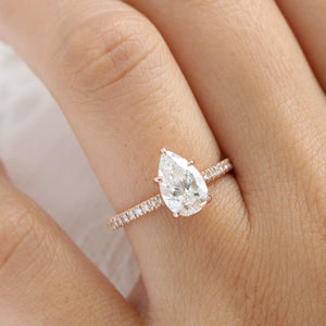 1.72 Ct. Pear Cut Lab Diamond Ring in 14k Rose Gold Pave Band, Size 6.25