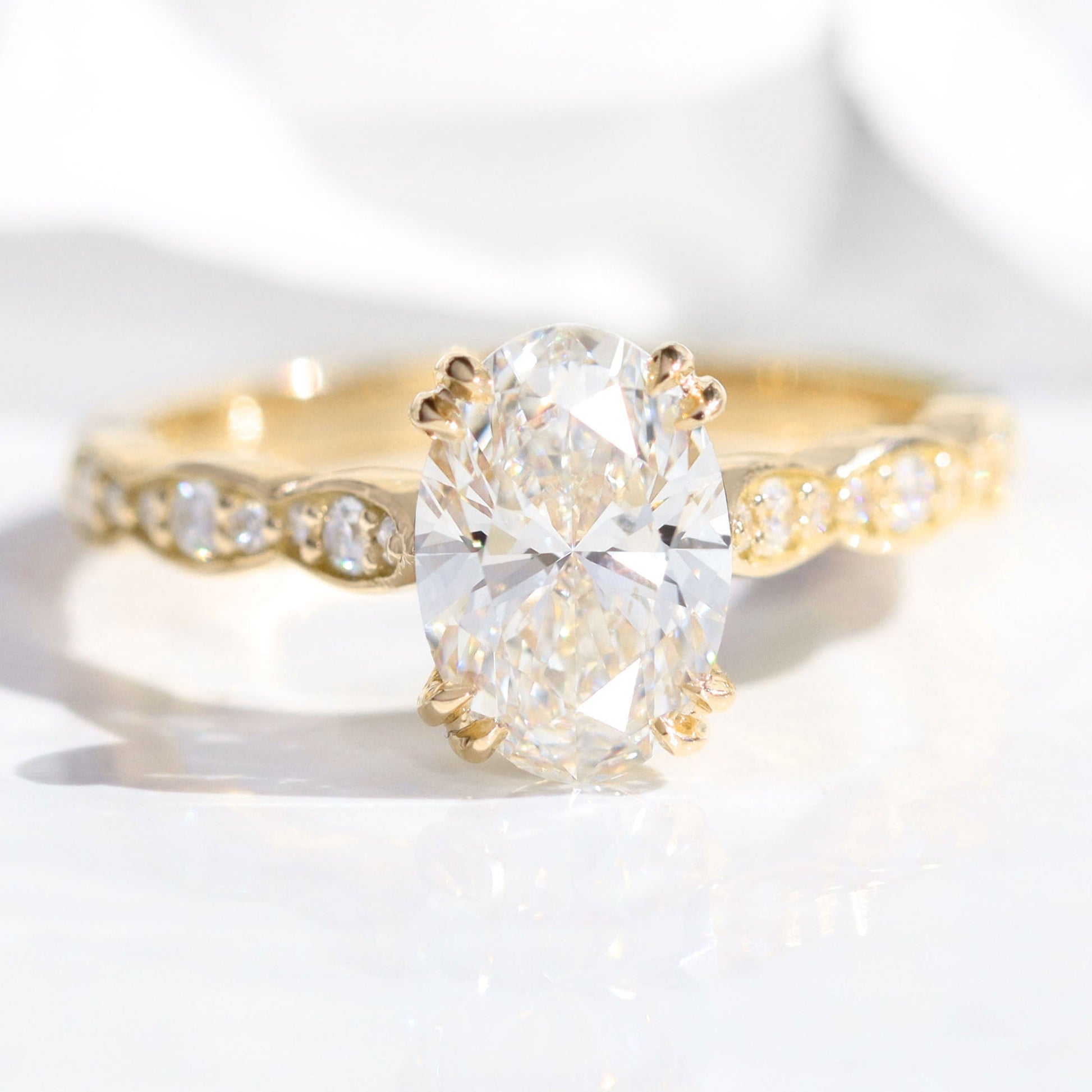 1.70 Ctw Oval Lab Diamond Ring w/ Natural Diamonds in Solitaire Scalloped Band