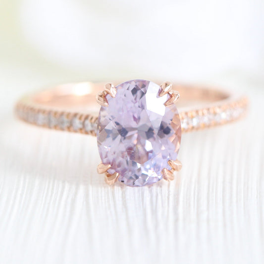 2.28 Ct Oval Lavender Sapphire Diamond Ring in 14k Rose Gold Grace Solitaire, Size 6