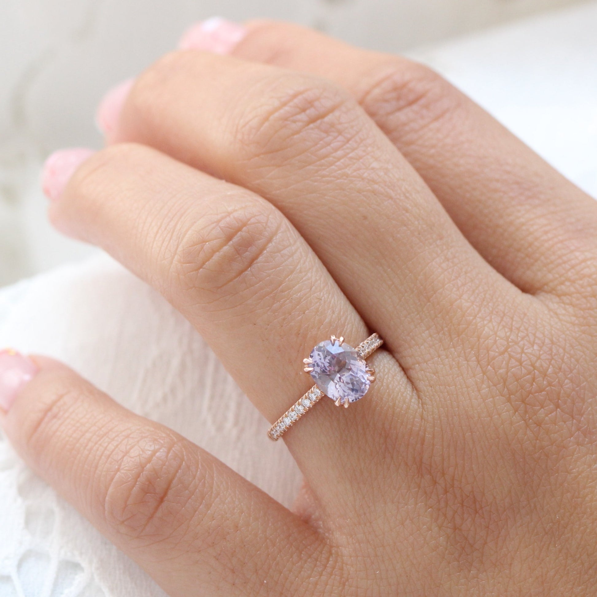 2.28 Ct Oval Lavender Sapphire Diamond Ring in 14k Rose Gold Grace Solitaire, Size 6