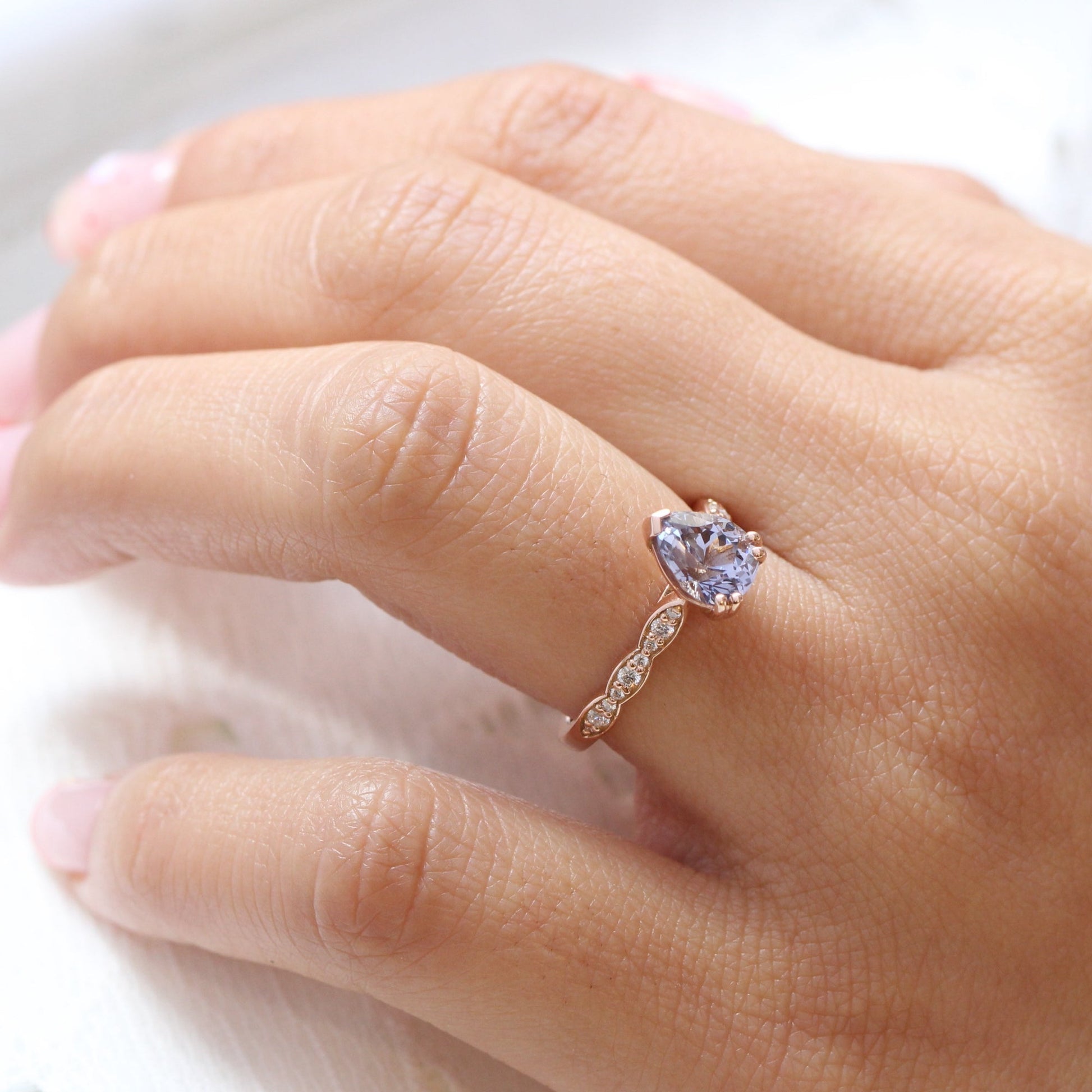 1.93 Ct Pear Lavender Sapphire Diamond Ring in 14k Rose Gold Grace Solitaire, Size 6.5