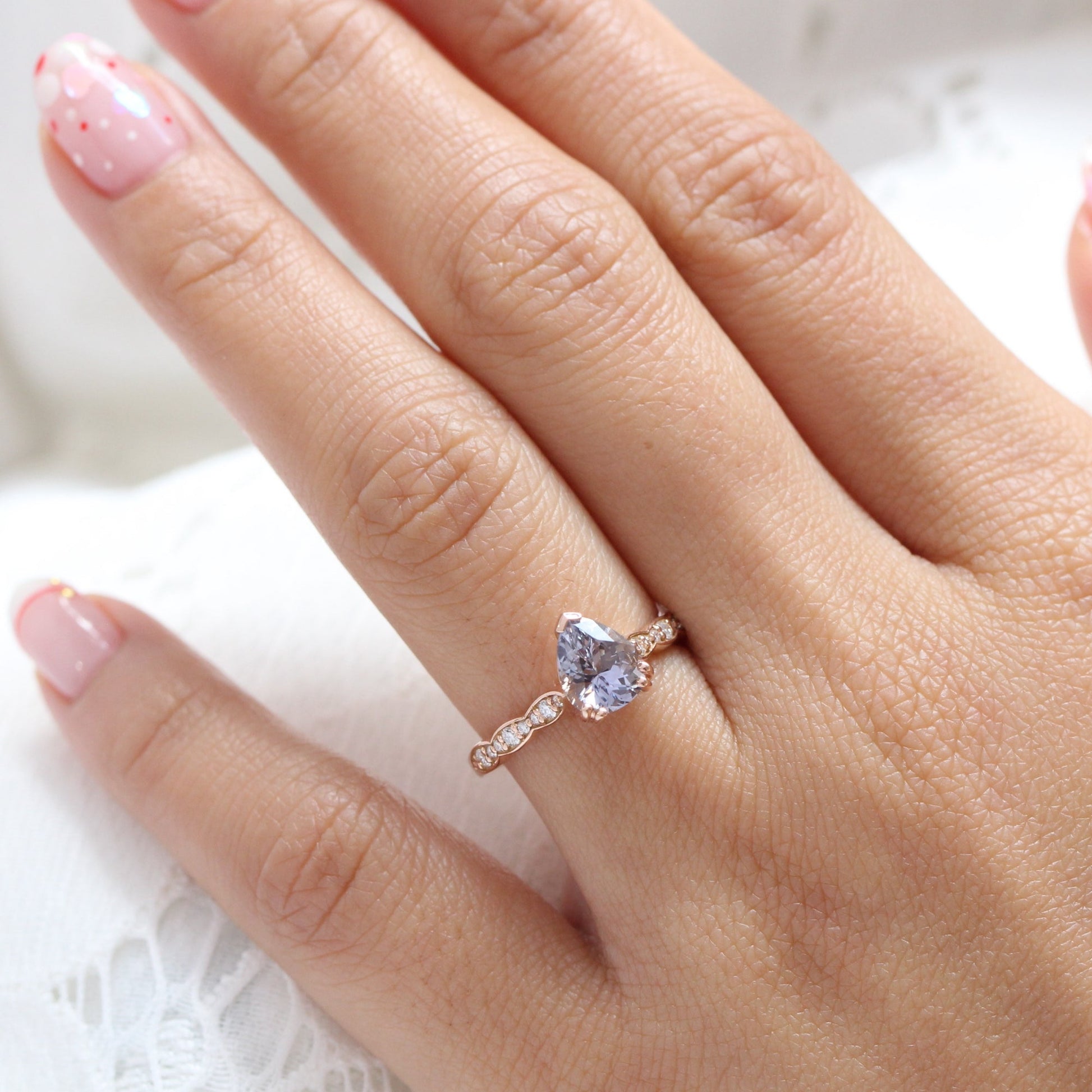 1.93 Ct Pear Lavender Sapphire Diamond Ring in 14k Rose Gold Grace Solitaire, Size 6.5