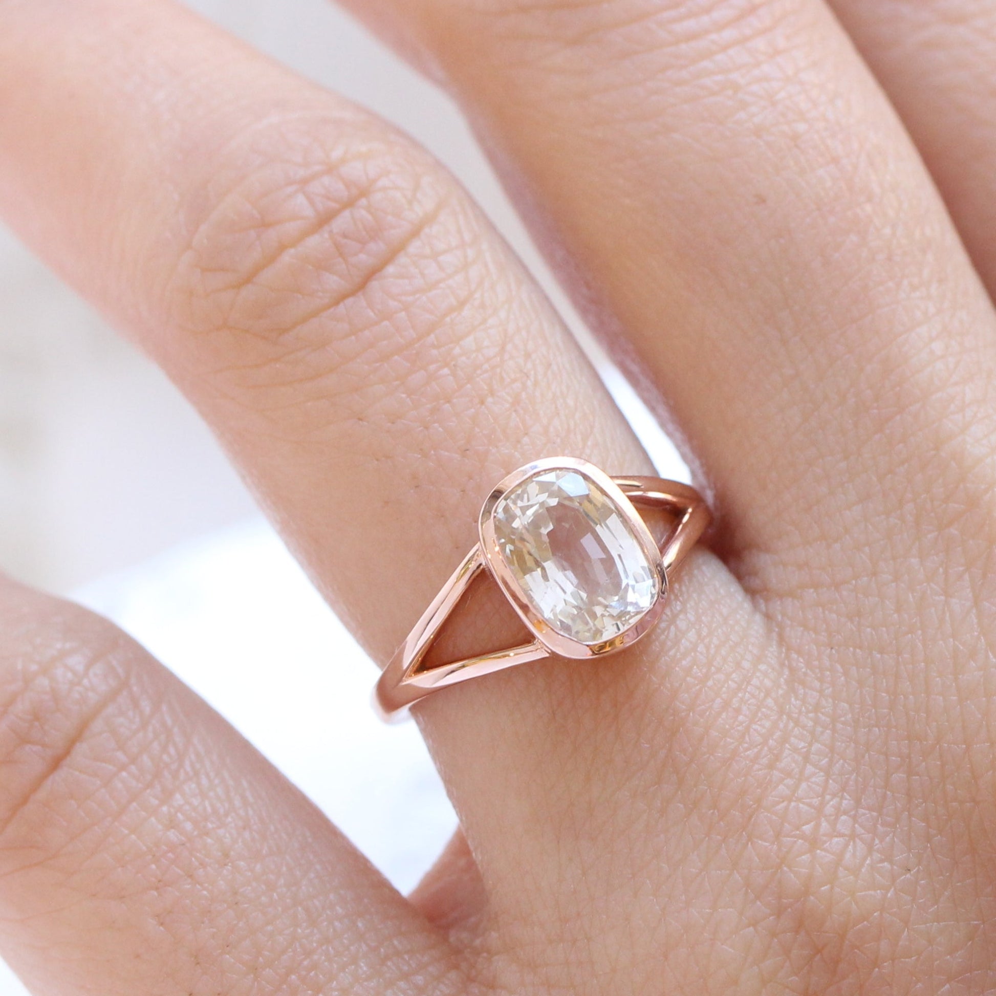 2.76 Ct Light Champagne Sapphire Ring in 14k Rose Gold Cushion Bezel Ring, Size 6.25