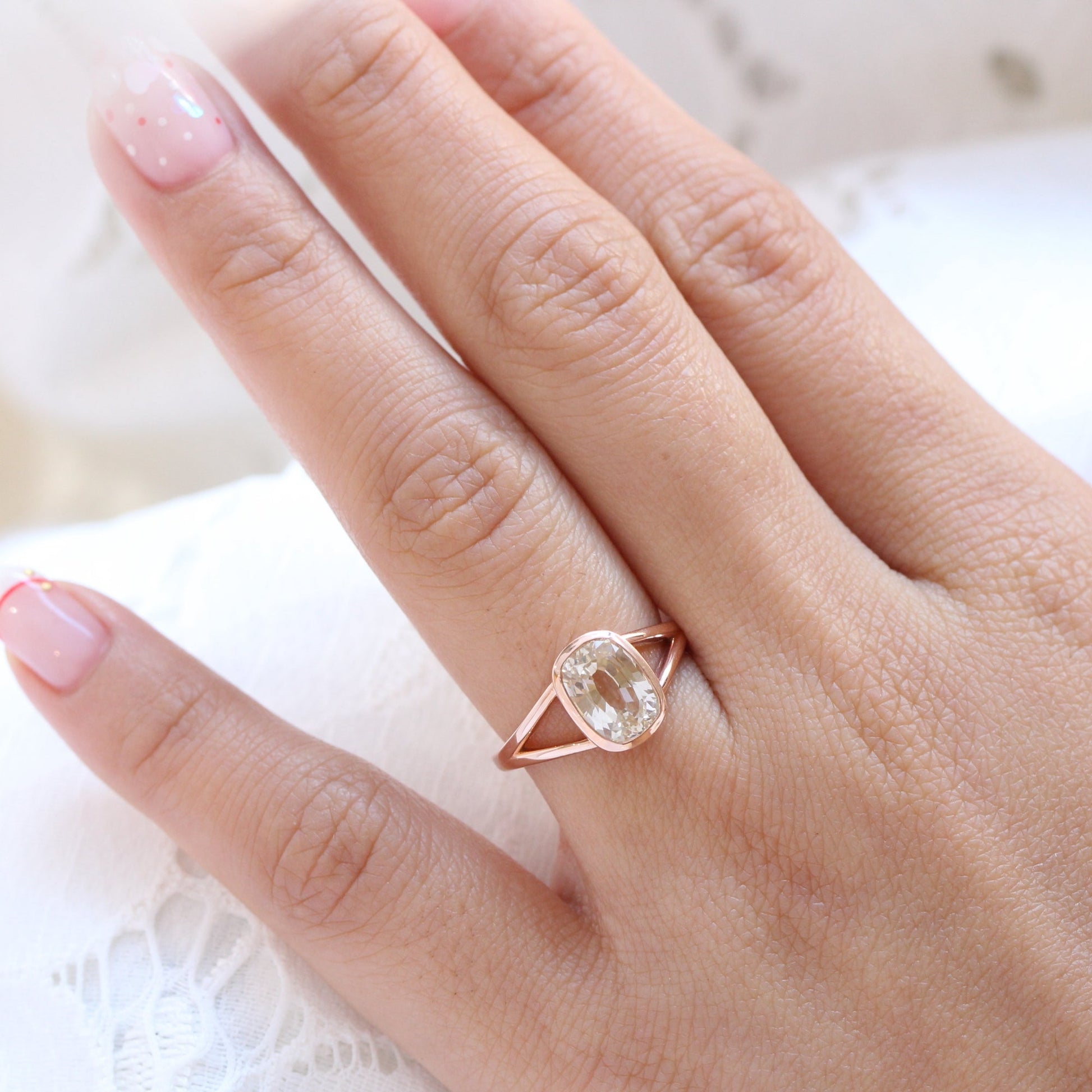 2.76 Ct Light Champagne Sapphire Ring in 14k Rose Gold Cushion Bezel Ring, Size 6.25