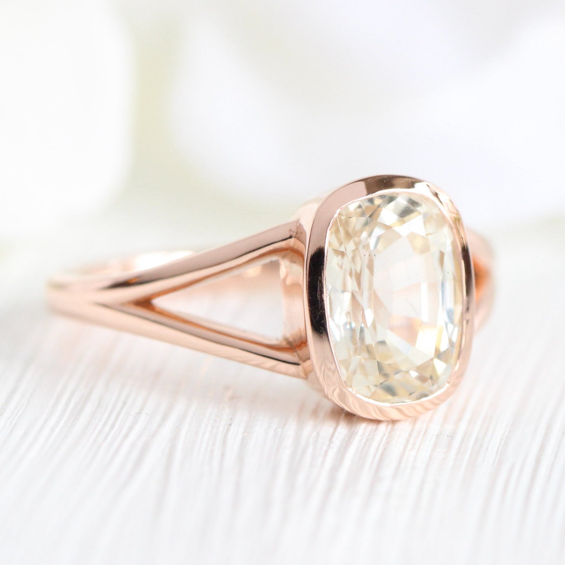 2.76 Ct Light Champagne Sapphire Ring in 14k Rose Gold Cushion Bezel Ring, Size 6.25