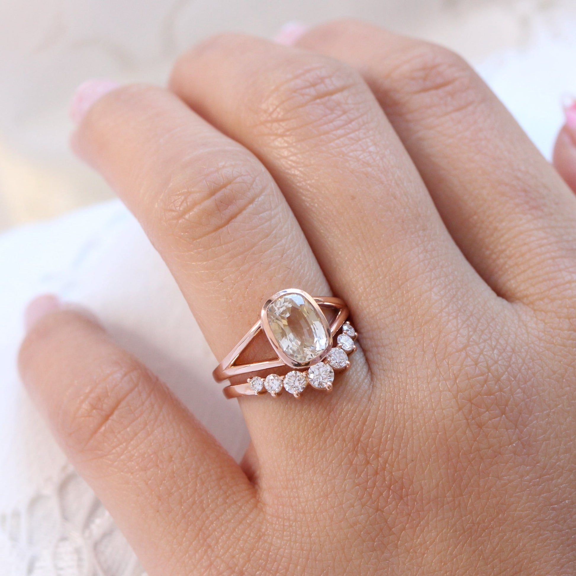 2.76 Ct Light Champagne Sapphire Ring in 14k Rose Gold Cushion Bezel Ring, Size 6.25