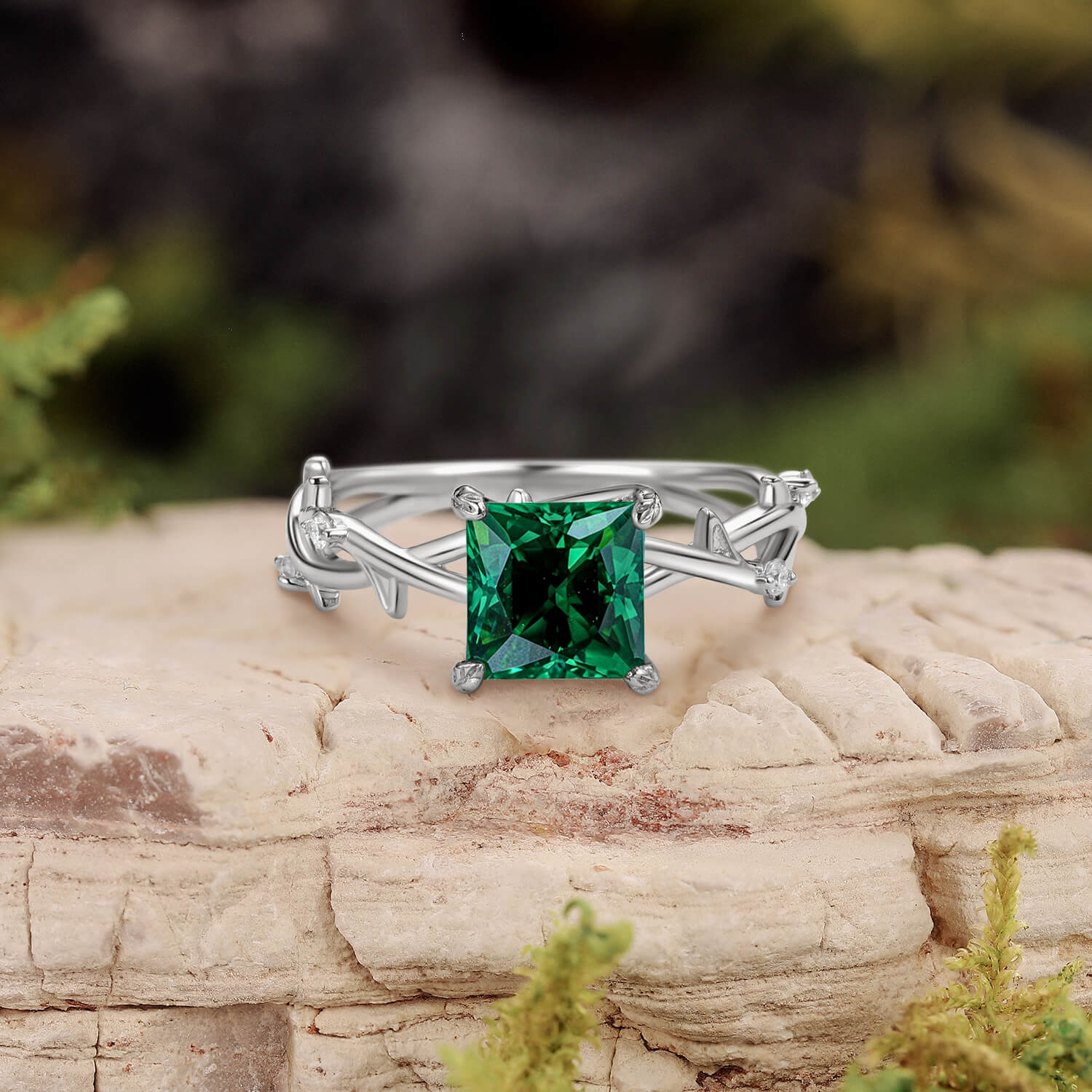 Nature Inspired Princess Cut Moss Agate Leafy Engagement Ring
