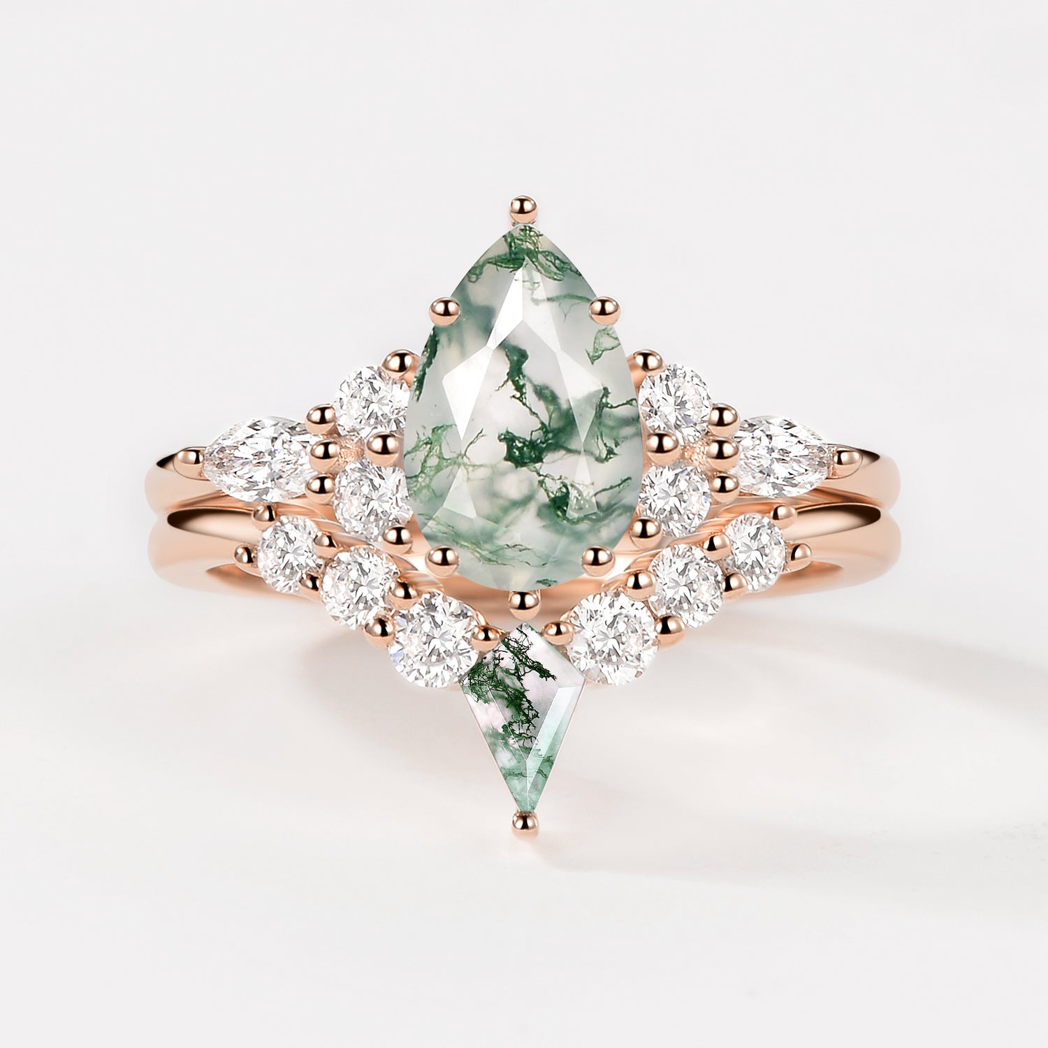 Twin Flames - Pear Cut Unique Moss Agate Engagement Ring Sets 2pcs - Zoey