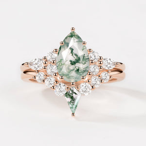 Twin Flames - Pear Cut Unique Moss Agate Engagement Ring Sets 2pcs - Zoey