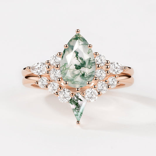 Twin Flames - Pear Cut Unique Moss Agate Engagement Ring Sets 2pcs - Zoey