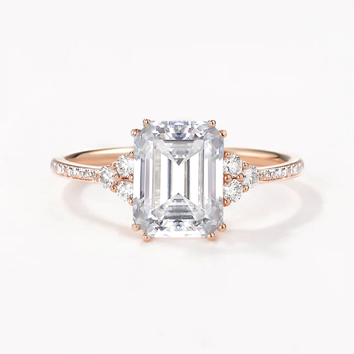 Classic Emerald Cut Moss Agate & Moissanite Cluster Engagement Ring
