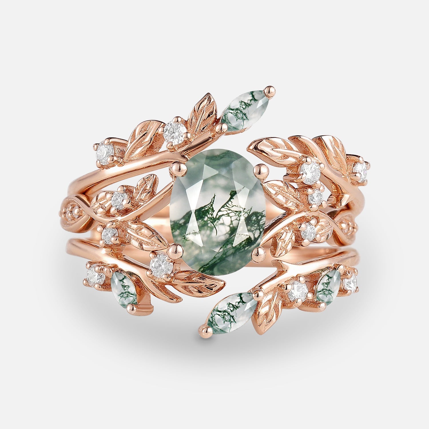 Leafy Oval Cut Moss Agate Engagement Ring Sets 2PCS