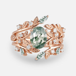 Leafy Oval Cut Moss Agate Engagement Ring Sets 2PCS