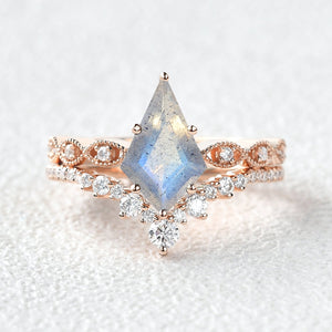 2.0ct Vintage Kite Cut Moss Agate Engagement Ring Set 2pcs - Winona