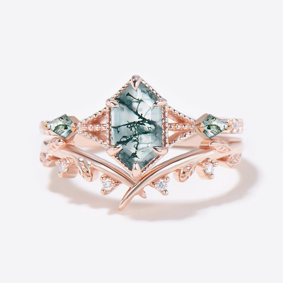 Three Stone Moss Agate Long Hexagon Leafy Engagement Ring Set 2pcs