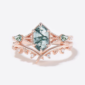 Three Stone Moss Agate Long Hexagon Leafy Engagement Ring Set 2pcs
