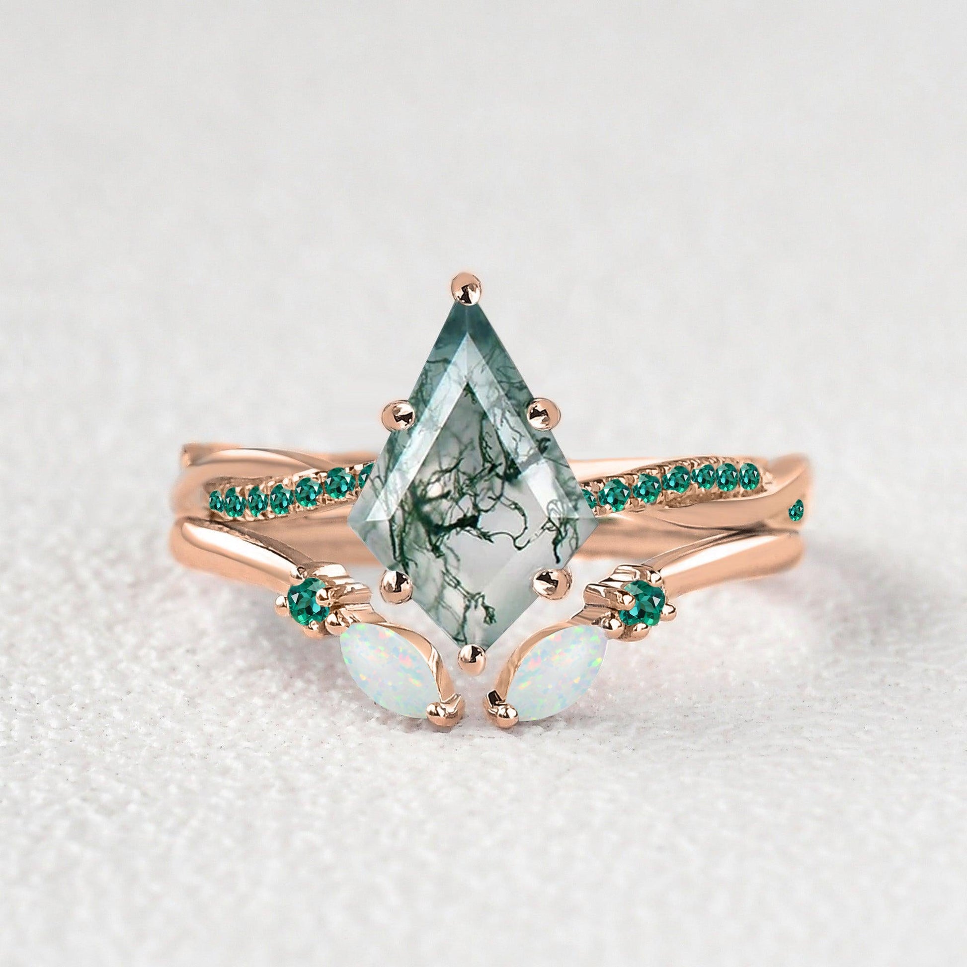 Kite Cut Moss Agate & Emerald & Opal Engagement Ring Set 2pcs