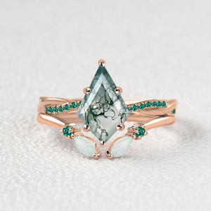 Kite Cut Moss Agate & Emerald & Opal Engagement Ring Set 2pcs