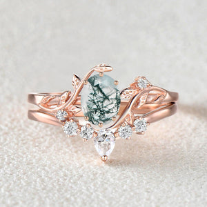 Oval Cut Leafy White Gold Moss Agate Ring Set 2pcs