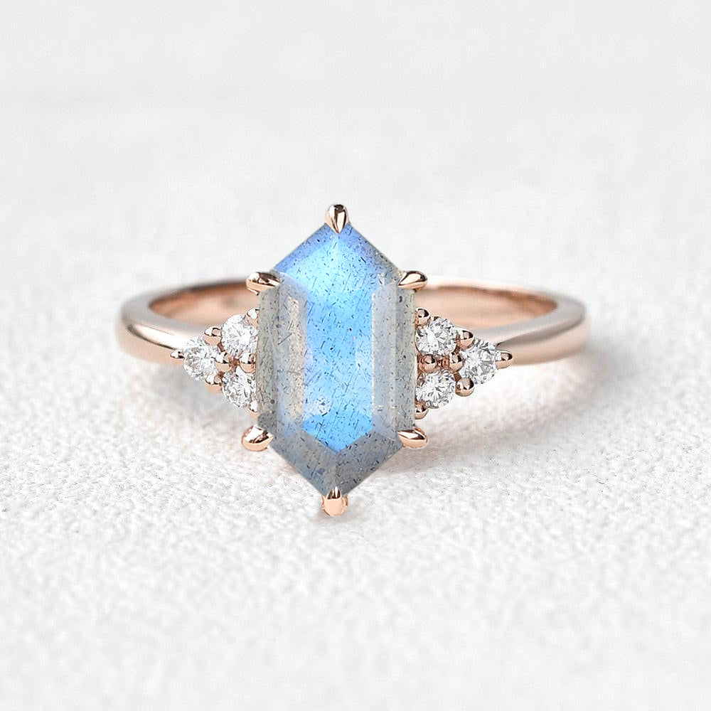 Vintage Hexagon Moss Agate 3 Stone Engagement Ring - Nova