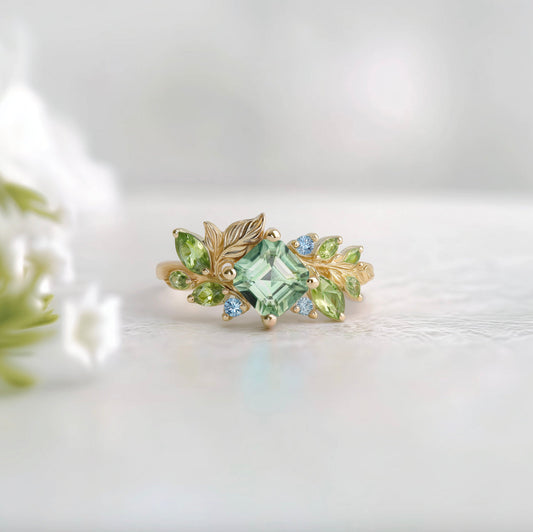 Mint Green Tourmaline Engagement Ring, Multicolor birthstone Engagement Ring