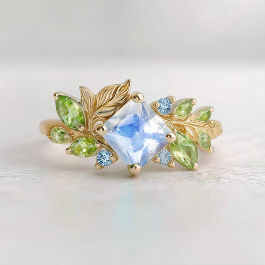 Dreaming Forest Moonstone Engagement Ring, Solid Gold Moonstone Ring