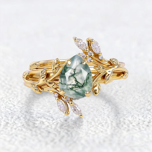 Cage Pear Shaped Moss Agate Leafy Ring Set 2pcs