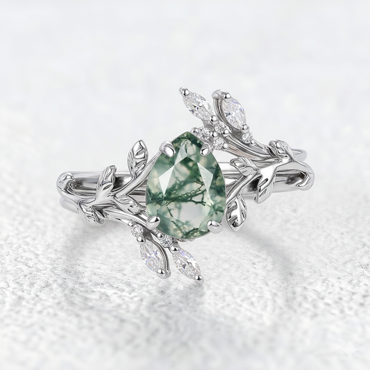 Cage Pear Shaped Moss Agate Leafy Ring Set 2pcs