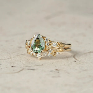 Sylvie’s Vine | Green Sapphire Leaf Wedding Ring Set 2pcs