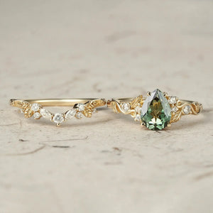Sylvie’s Vine | Green Sapphire Leaf Wedding Ring Set 2pcs