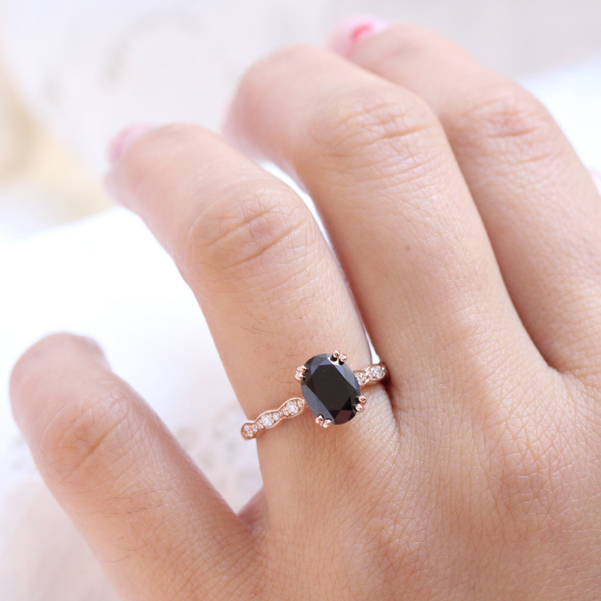 Oval Black Diamond Ring in 14k Rose Gold Grace Solitaire Band, Size 6