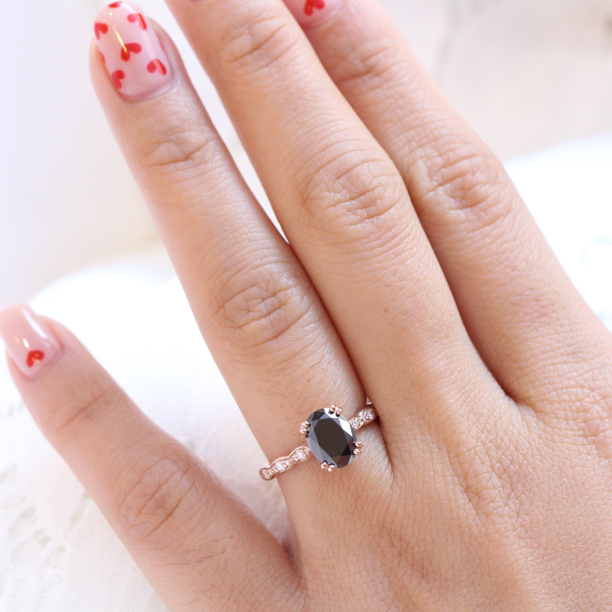 Oval Black Diamond Ring in 14k Rose Gold Grace Solitaire Band, Size 6
