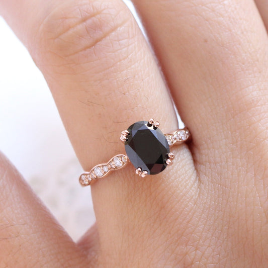 Oval Black Diamond Ring in 14k Rose Gold Grace Solitaire Band, Size 6