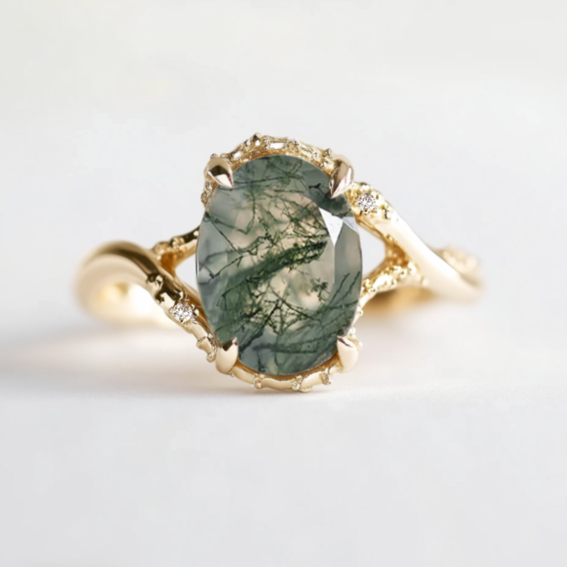 Mirelle Oval Moss agate ring with diamond, Engagement ring, Solid Gold Moss agate Ring