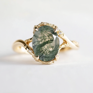 Mirelle Oval Moss agate ring with diamond, Engagement ring, Solid Gold Moss agate Ring