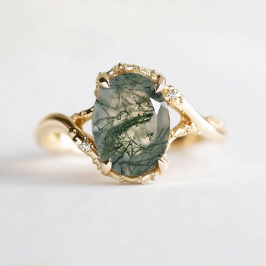 Mirelle Oval Moss agate ring with diamond, Engagement ring, Solid Gold Moss agate Ring