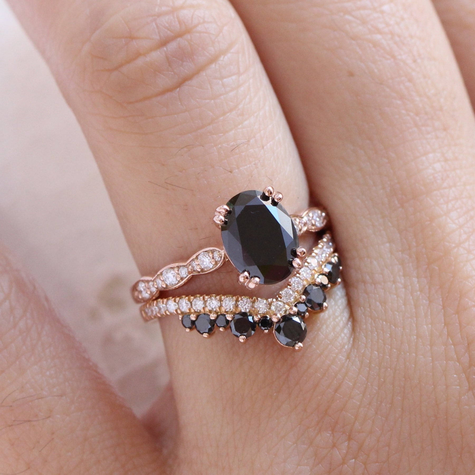 Grace Solitaire Black Diamond Ring Set w/ Large Tiara Diamond Wedding Band