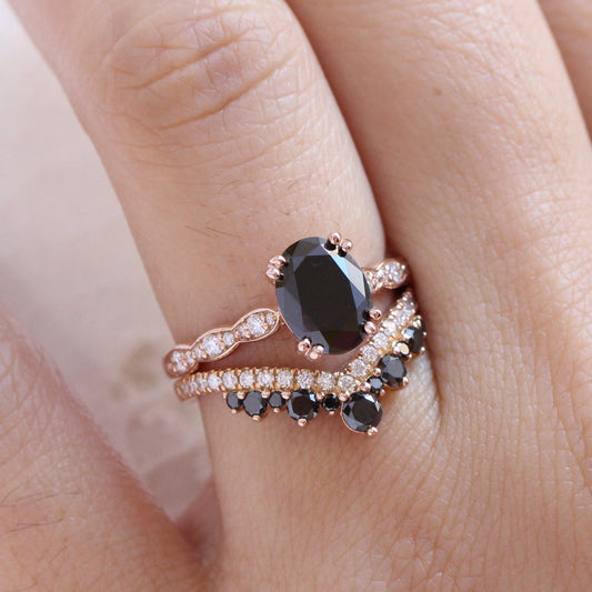 Grace Solitaire Black Diamond Ring Set w/ Large Tiara Diamond Wedding Band