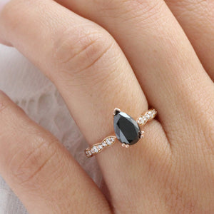 Pear Black Diamond Ring in 14k Rose Gold Grace Solitaire Band, Size 6.25