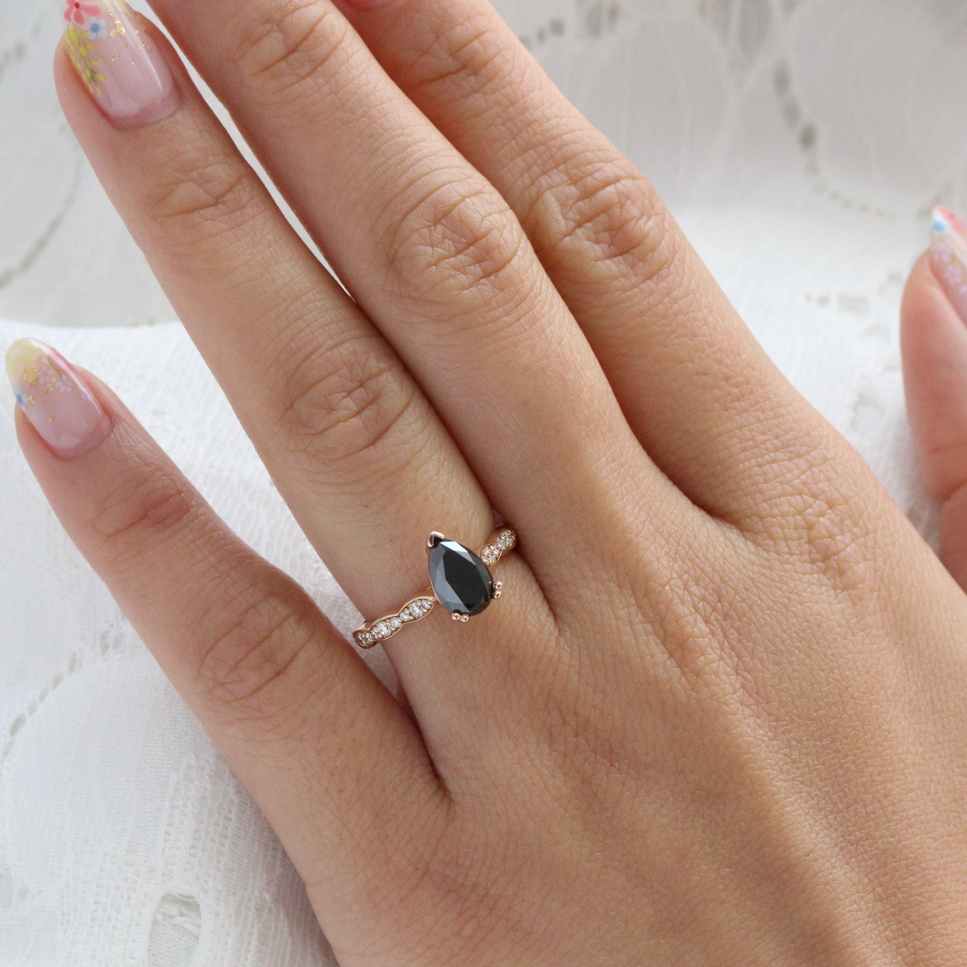 Pear Black Diamond Ring in 14k Rose Gold Grace Solitaire Band, Size 6.25