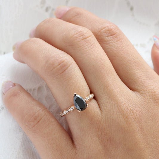 Pear Black Diamond Ring in 14k Rose Gold Grace Solitaire Band, Size 6.25