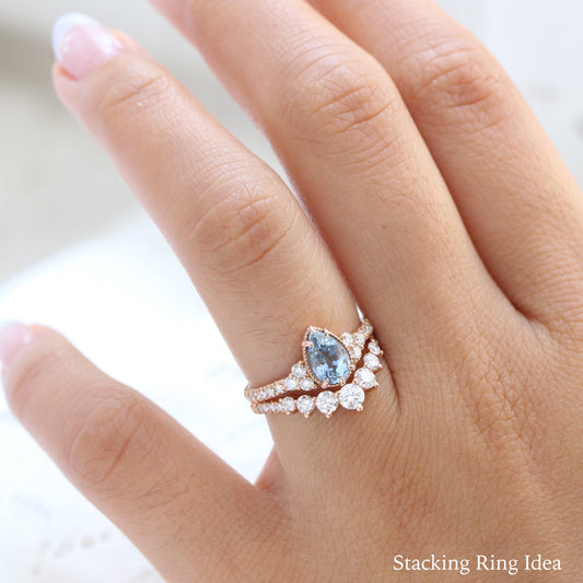 Pear Aqua Blue Sapphire Diamond Ring in 14k Rose Gold Vintage 3 Stone Ring, Size 6.5