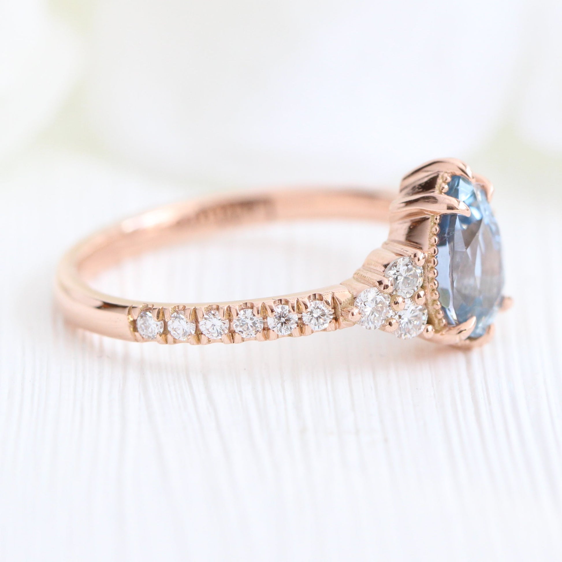 Pear Aqua Blue Sapphire Diamond Ring in 14k Rose Gold Vintage 3 Stone Ring, Size 6.5