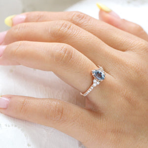 Pear Aqua Blue Sapphire Diamond Ring in 14k Rose Gold Vintage 3 Stone Ring, Size 6.5