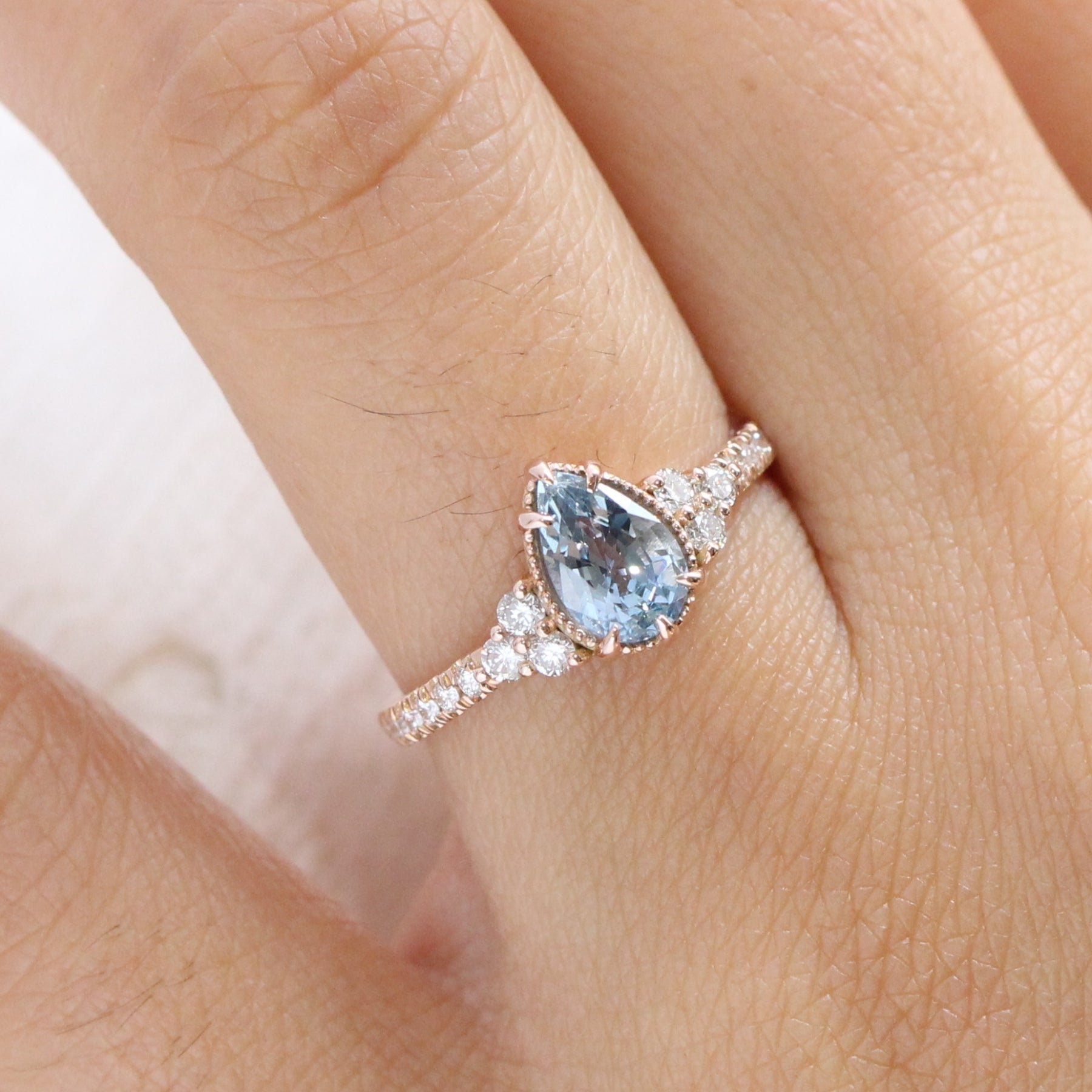 Pear Aqua Blue Sapphire Diamond Ring in 14k Rose Gold Vintage 3 Stone Ring, Size 6.5