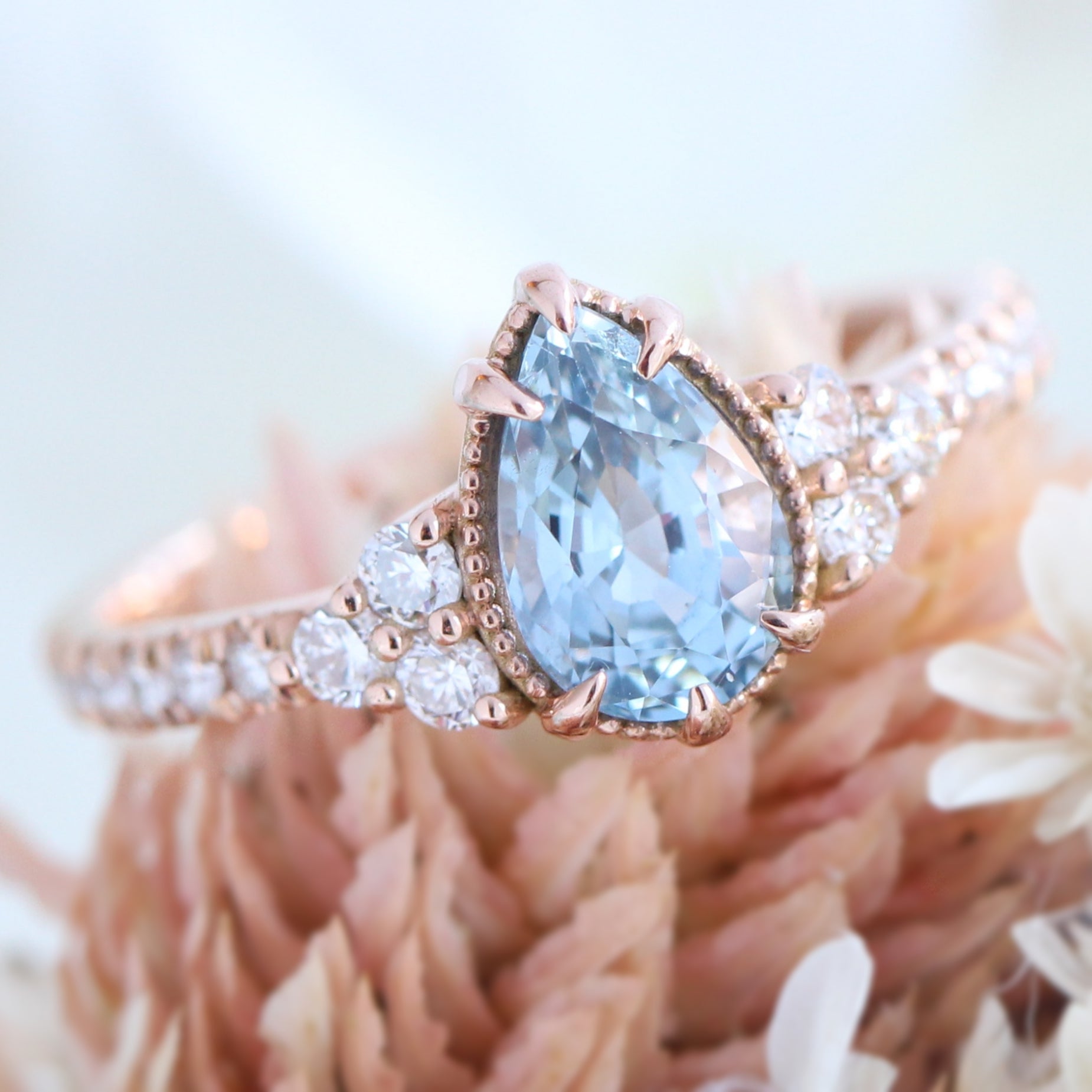Pear Aqua Blue Sapphire Diamond Ring in 14k Rose Gold Vintage 3 Stone Ring, Size 6.5