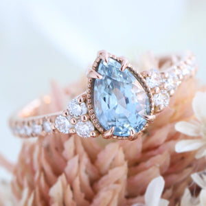 Pear Aqua Blue Sapphire Diamond Ring in 14k Rose Gold Vintage 3 Stone Ring, Size 6.5