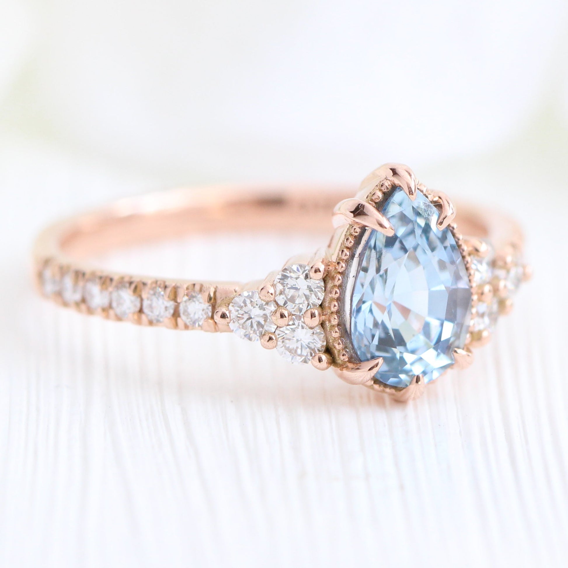 Pear Aqua Blue Sapphire Diamond Ring in 14k Rose Gold Vintage 3 Stone Ring, Size 6.5